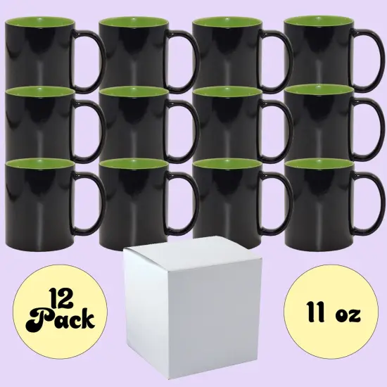12 Pack 11 oz Magic Mugs GREEN INNER Professional Grade Sublimation Mug- Sublimation Series - With Individual White Gift Boxes {2}