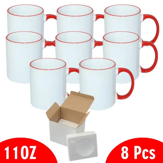 8 Pcs 11OZ Red Rim & Handle Sublimation Mugs With Foam Support Boxes {2}