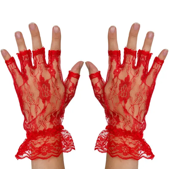 Fingerless Lace Red Gloves - Ladies and Girls Ruffled Lace Finger Free Bridal Wrist Gloves {1}