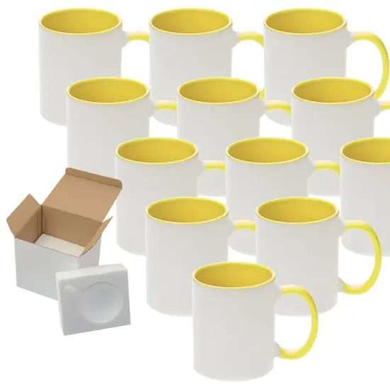 12 Pcs 11OZ Yellow Inside & Handle Sublimation Mugs With Foam Support Boxes {1}