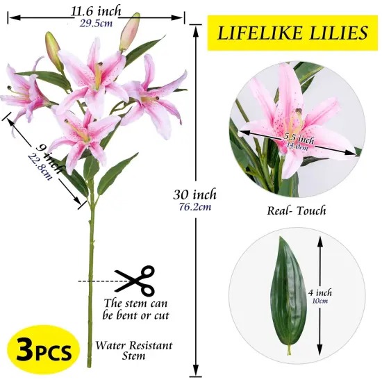 Lily Artificial Flowers Bouquet 30&rdquo; Long Stems Dozen Blooming Silk Flower Heads, Wedding Decoration Indoor Office DIY Home Decor, 3pcs Pink {8}