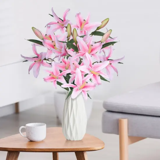 Lily Artificial Flowers Bouquet 30&rdquo; Long Stems Dozen Blooming Silk Flower Heads, Wedding Decoration Indoor Office DIY Home Decor, 3pcs Pink {9}
