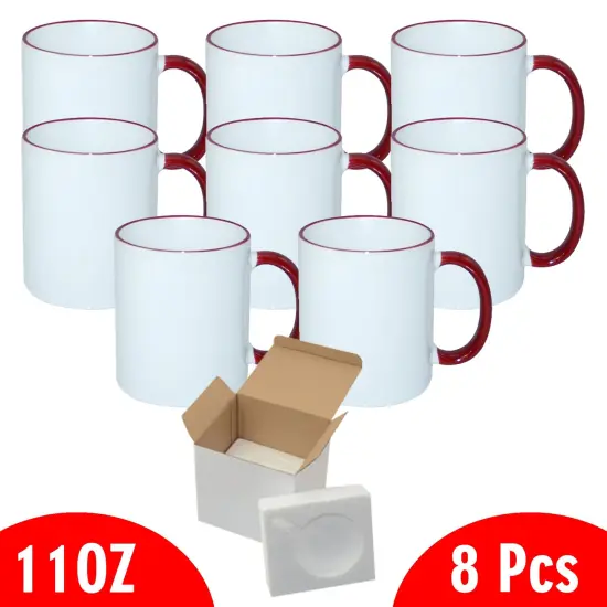 8 Pcs 11OZ Dark Red Rim & Handle Sublimation Mugs With Foam Support Boxes {2}