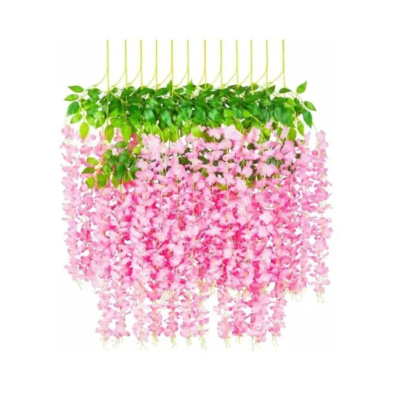 12pcs Artificial Wisteria Vine Hanging Rattan Garland Silk Flower for Wedding Party Home Garden Outdoor Ceremony Floral D&eacute;cor, Pink {1}
