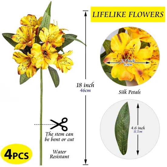 Alstroemeria Artificial Flowers Bulk Peruvian Lily Faux Bouquet 18&rdquo; Long Stems Silk Petals Wedding Decoration, 4pcs Yellow {2}