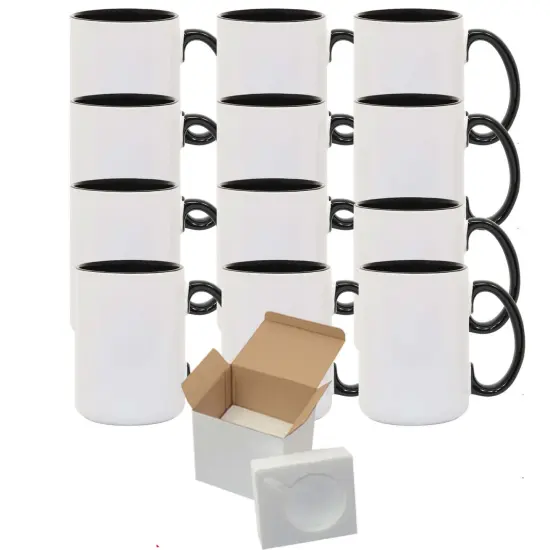 12 Pcs 11OZ Black Inside & Handle Sublimation Mugs With Foam Support Boxes {1}