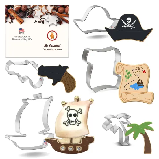 CookieCutter.com 5 Piece Birthday Pirate Cookie Cutter Set Pirate Ship, Pirate Hat, Pistol, Palm Tree, Scroll Letter, Metal Shapes Made in USA, Silver {1}