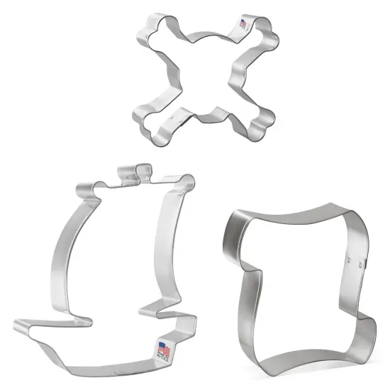 CookieCutter.com 3 Piece Birthday Pirate Cookie Cutter Set Pirate Ship, Skull and Crossbones, Scroll Letter, Metal Shapes Made in USA, Silver {3}