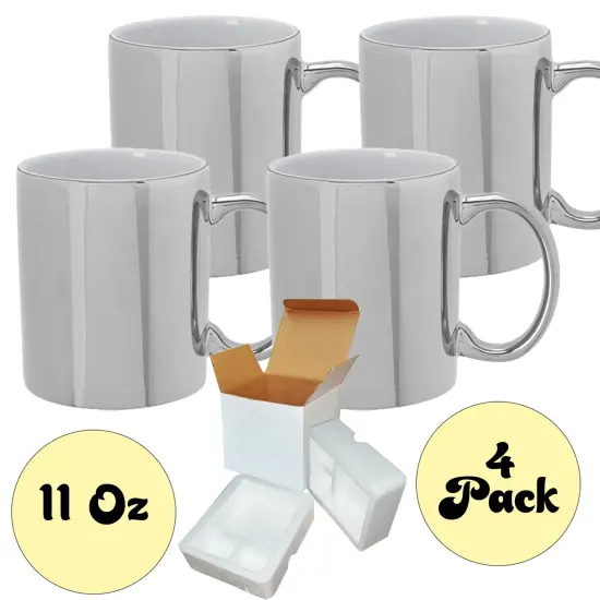 4 PACK 11 oz. SILVER Ceramic Mug - Individually Packed in a Protective Gift Box {2}