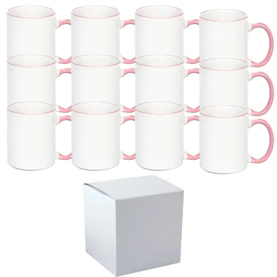 12 Pcs 11OZ Pink Rim & Handle Sublimation Mugs With Individual White Boxes {1}
