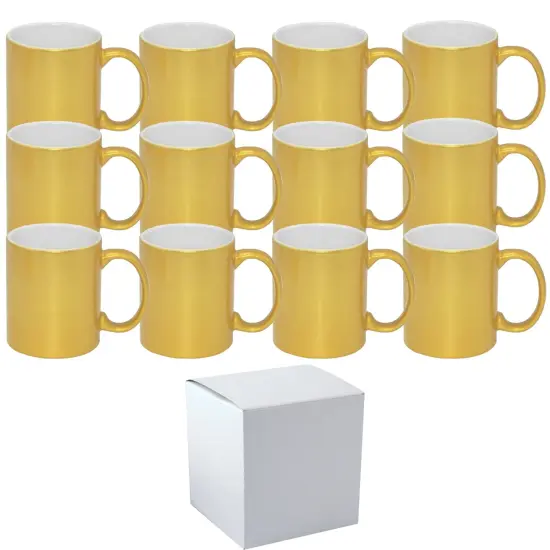 12 Pack 11 oz. METALLIC GOLD outer & Handle- Ceramic Sublimation Mugs - Professional Grade- With Individual White Gift Boxes {1}