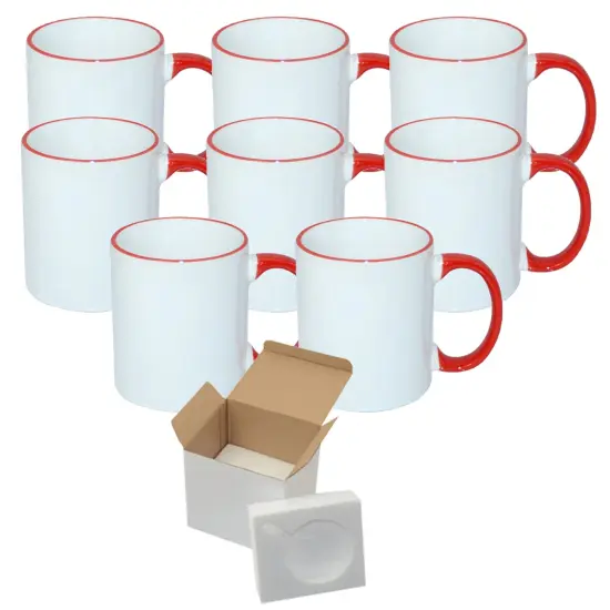 8 Pcs 11OZ Red Rim & Handle Sublimation Mugs With Foam Support Boxes {1}