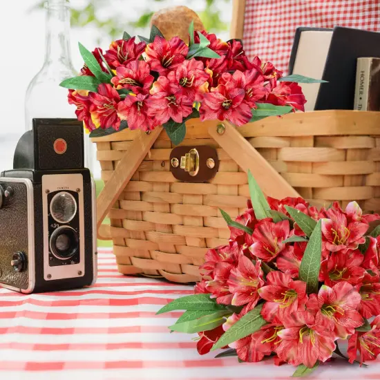 Alstroemeria Artificial Flowers Bulk Peruvian Lily Faux Bouquet 18&rdquo; Long Stems Silk Petals Wedding Decoration, 4pcs Red {12}