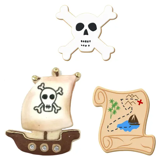 CookieCutter.com 3 Piece Birthday Pirate Cookie Cutter Set Pirate Ship, Skull and Crossbones, Scroll Letter, Metal Shapes Made in USA, Silver {2}