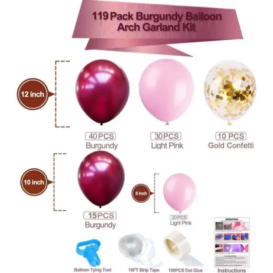 118Pcs Burgundy Pink Balloon Arch Garland Kit Gold Confetti Balloons {6}