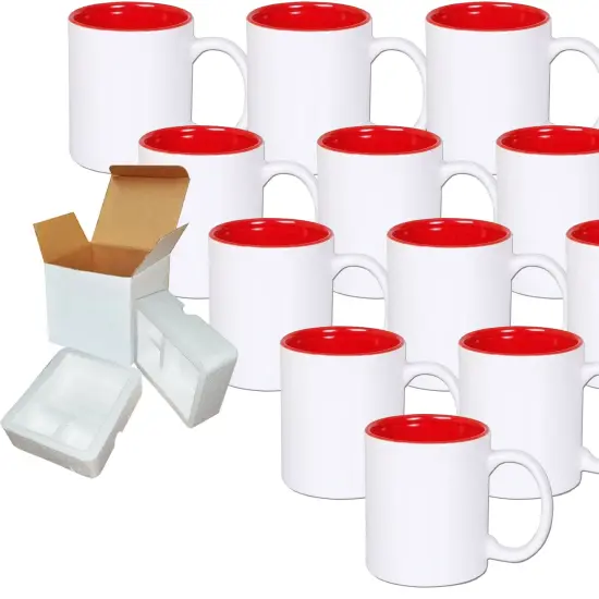 12 PACK 11 oz. RED Inner and WHITE Handle- Ceramic Sublimation Blank Mugs- Individually Packed in a Protective Gift Box {1}