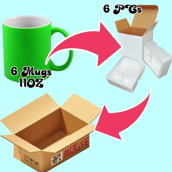 6 PACK 11OZ GREEN Fluorescent / Neon Sublimation Mugs with Foam Supports Cardboard Boxes {3}