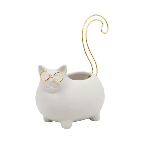 Kingston Living 8" White and Gold Kitty Shaped Ceramic Trinket Tray {1}