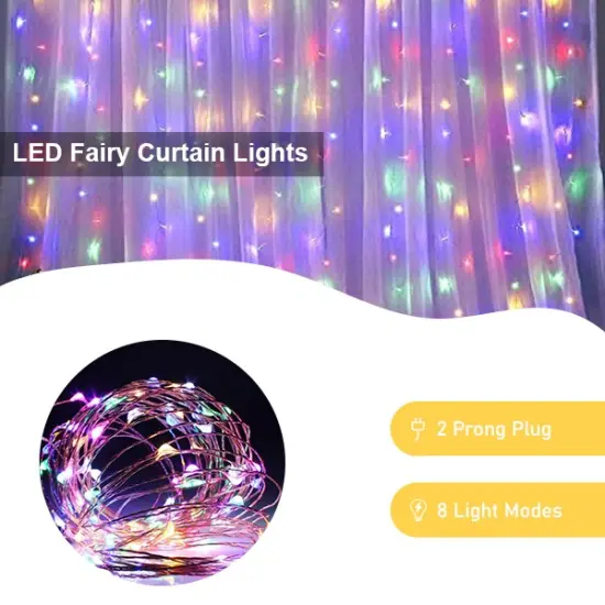 Perfect Holiday 300 LED Curtain Lights Plug In With 8 Light Modes - Copper Wire Multicolor {2}