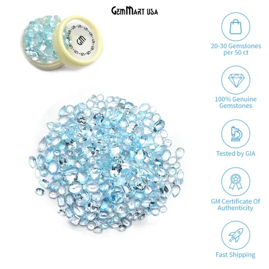 Blue Topaz Gemstone, 100% Natural Faceted Loose Gems, December Birthstone, 6-12mm, 50 Carats, GemMartUSA (BT-60001-50) {1}