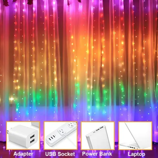 Perfect Holiday 300 LED USB Fairy Curtain Light With Remote - 8 Light Modes Rainbow {3}