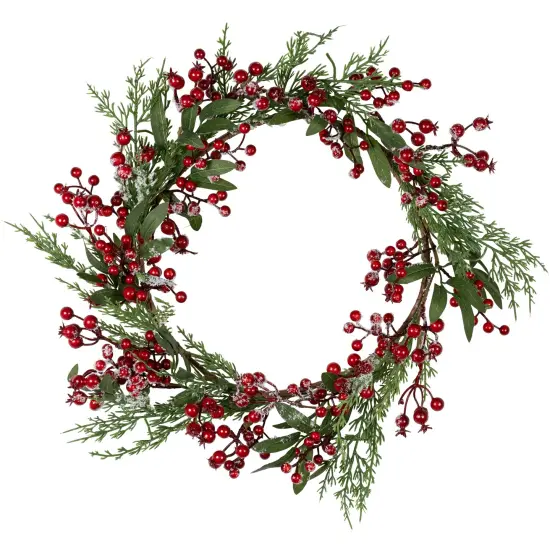 Northlight Real Touch&trade;️ Frosted Berries and Pine Artificial Christmas Wreath - 18" - Unlit Red {1}