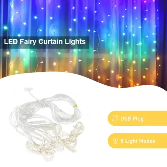 Perfect Holiday 300 LED USB Fairy Curtain Light With Remote - 8 Light Modes Rainbow {5}