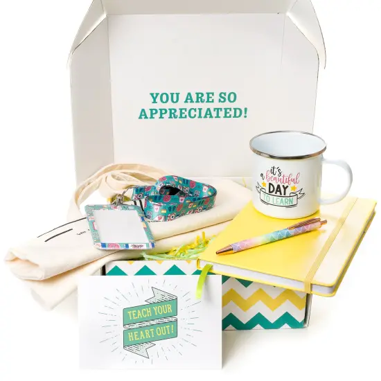 Mabie Swan - Best Teacher Gift Box, Six Elegant Pieces - 12oz Natural Canvas Cotton Tote, 12oz Enamel Mug, PU Leather Notebook, Ballpoint Pen, ID Card Holder, with "Thank You" Card Teacher Gift Set {6}