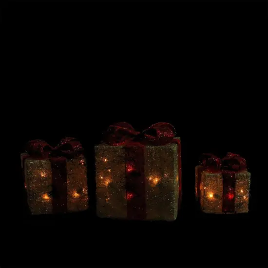 Northlight Set of 3 Lighted Gold and Red Gift Boxes Christmas Outdoor Decorations 10" {3}