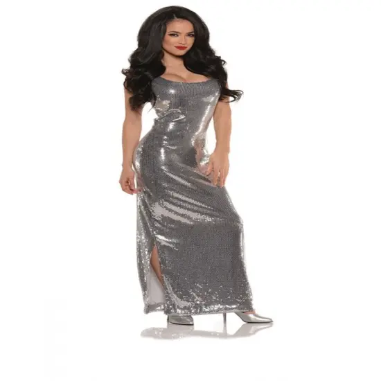 Women's Silver Hollywood Starlette Sequin Long Dress Costume {1}