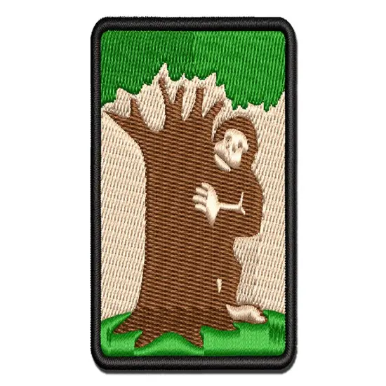 Bigfoot Sasquatch Hiding Behind Tree Multi-Color Embroidered Iron-On or Hook & Loop Patch Applique {1}