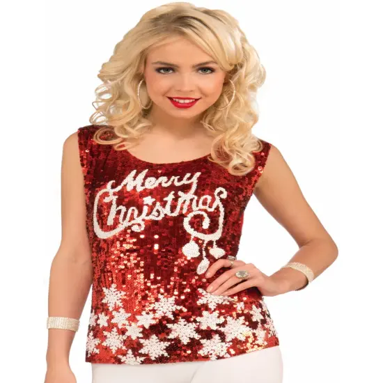 Womens Racy Red Merry Christmas Snowflake Haut Top Sequin Shirt {1}