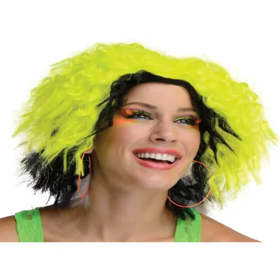 Adult Womens 80s Neon Chic Yellow Black Rave Dance Costume Wavy Wig {1}