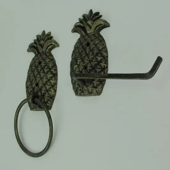 Antique Brass Finish Cast Iron Pineapple Towel and Tissue Holder Wall Decor Set {3}