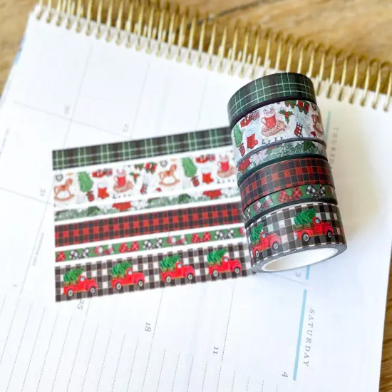 Christmas Rustic Red Truck Buffalo Plaid Green & Red Holiday Washi Tape Set (#W073) {4}