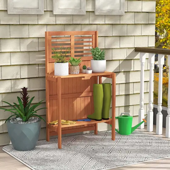 Costway Wood Potting Bench Waterproof Garden Table with 2-Tier Open Storage Shelf {4}