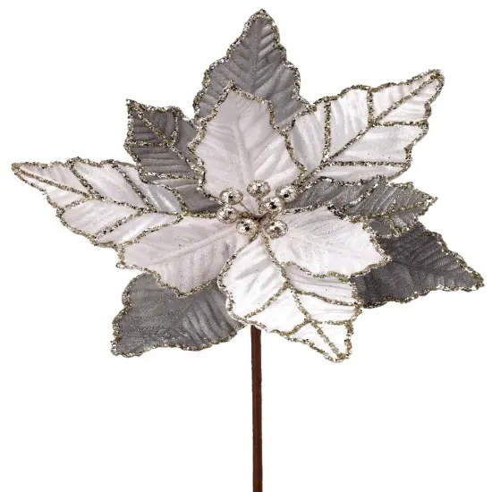 24" White and Silver Glitter Vein Poinsettia Flower with Gold Trim -Christmas Floral Decoration {1}