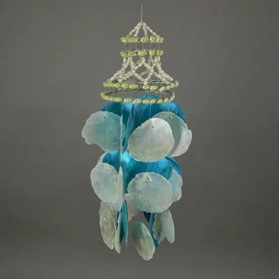 Set of 2 Coastal Blue and White Capiz and Cowrie Shell Wind Chimes Garden Patio {5}