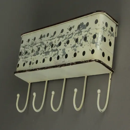 Distressed White Metal Wall Pocket with Hanging Hooks {3}