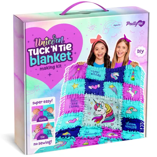 Pretty Me Unicorn Tuck N' Tie Fleece Blanket Kit - DIY Crafts for for Girls Ages 6+ Year Old - Best Arts & Craft Girl Gifts Ideas - No Sew Blanket Making Kit - Kids Crafts Gift Toys Kits {5}