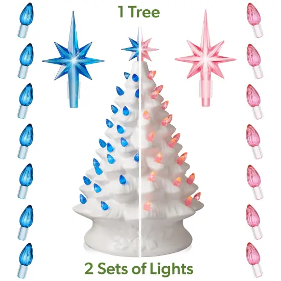 Casafield Hand Painted Ceramic Christmas Tree, White 15-Inch Pre-Lit Tree with 128 Pink and Blue Lights and 2 Star Toppers {2}