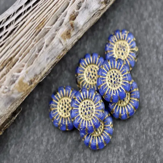 *12* 13mm Gold Washed Royal Blue Silk Sunflower Coin Beads {3}