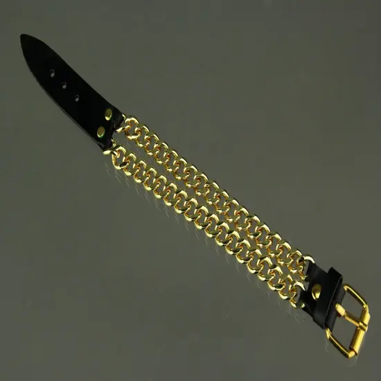 Double Row Curb Link Bracelet With Black Leather Clasp {5}