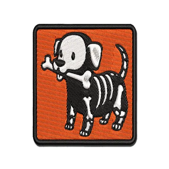 Halloween Puppy with Bone in Skeleton Costume Multi-Color Embroidered Iron-On or Hook & Loop Patch Applique {1}