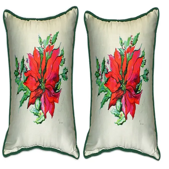 Pair of Betsy Drake Poinsettia Large Pillows 18 Inch x 18 Inch {1}
