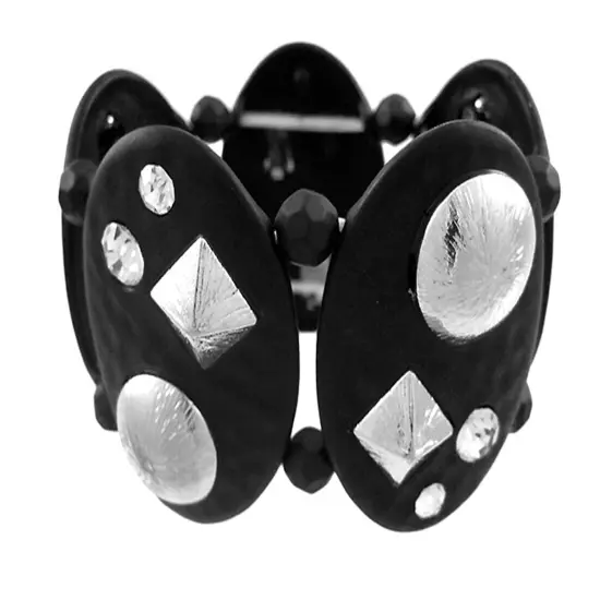 Black Enamel Hammered Metal Studded Stretch Bracelet {1}
