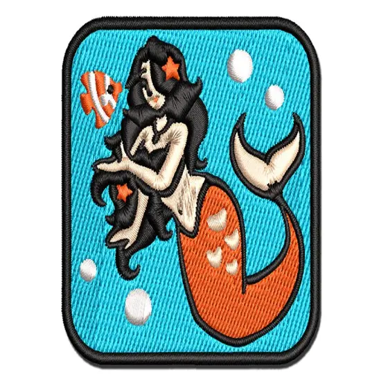 Elegant Mermaid Maiden with Butterfly Fish Multi-Color Embroidered Iron-On or Hook & Loop Patch Applique {1}