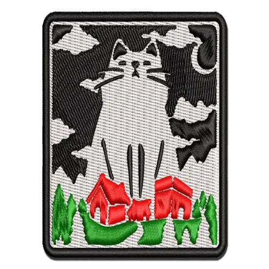 Giant Yule Cat Looming Over Village Christmas Multi-Color Embroidered Iron-On or Hook & Loop Patch Applique {1}