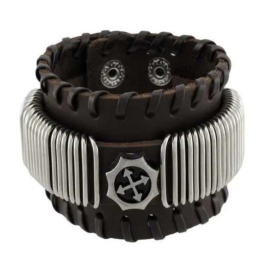 Brown Leather Wristband with Chrome Rings Faux Compass Center {1}