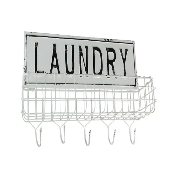 Weathered White Enamelware Laundry Hanging Shelf With Wall Hooks {1}